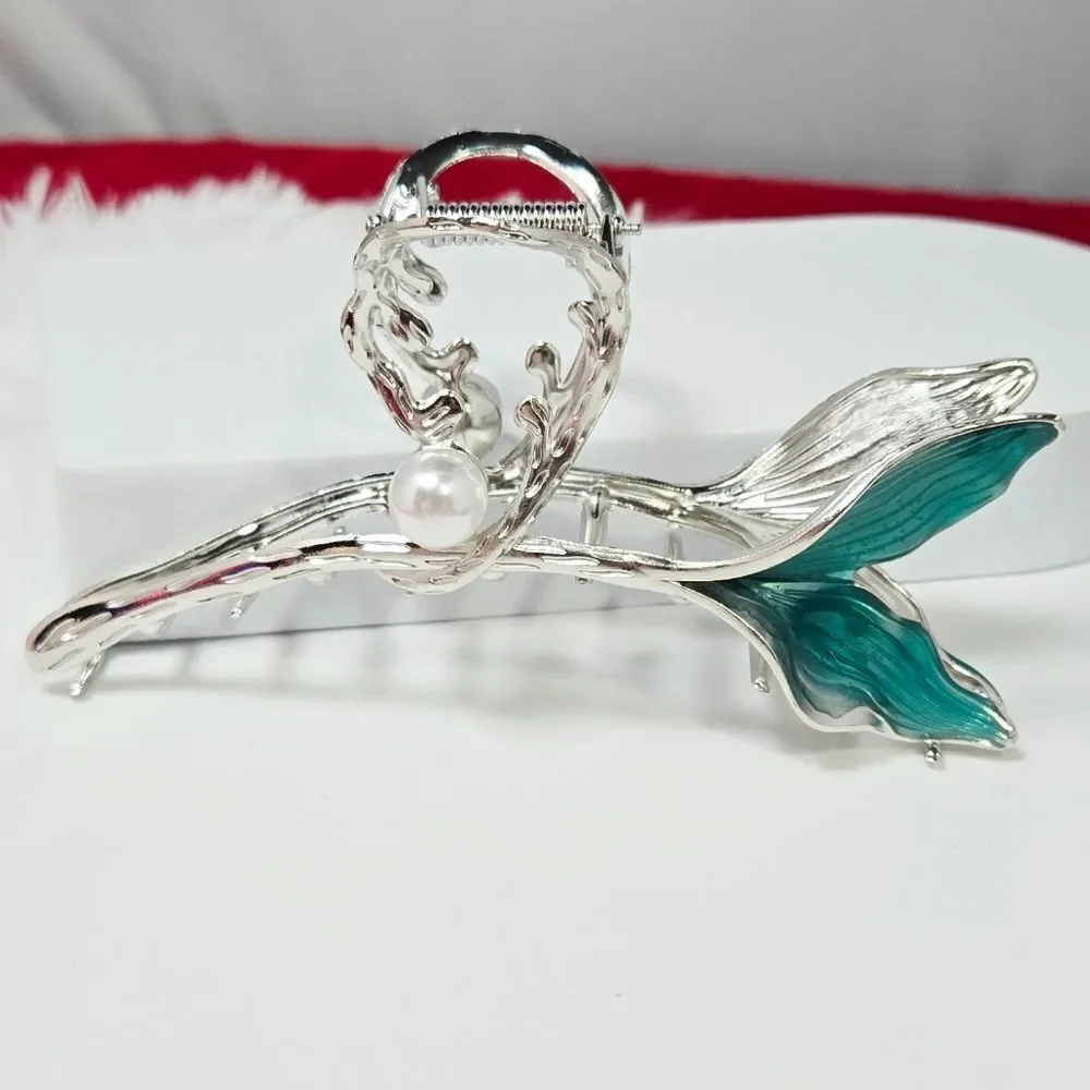 Large Mermaid Tail Hair Claw Turquoise Enamel Pearl Coastal Statement Clip